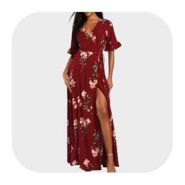 Lulus S burgundy floral maxi wrap dress