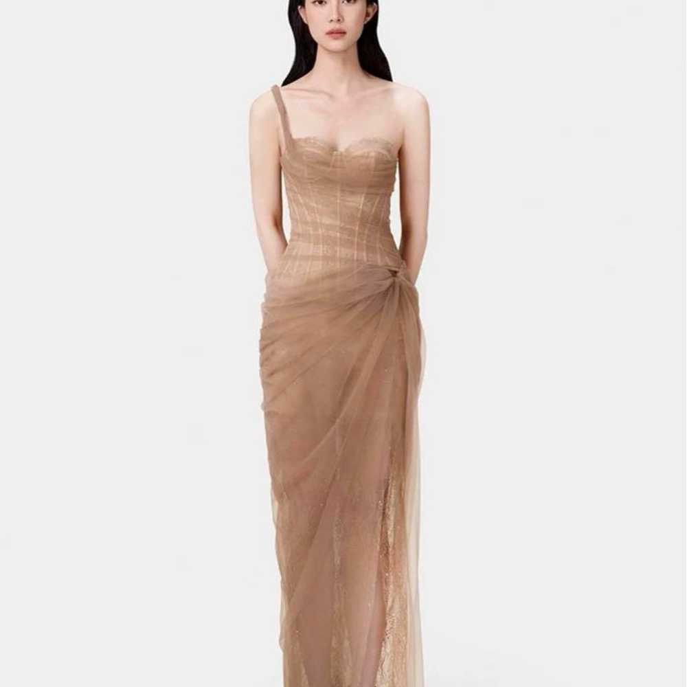 Beige Sleeveless Slit Dress - Cabaret Dress - image 1