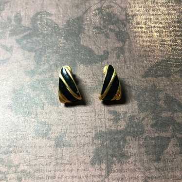 Vintage Monet Black & Gold Thick Mini Hoop Stud E… - image 1