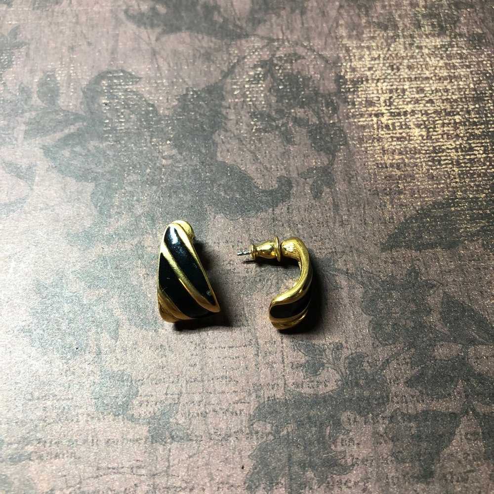 Vintage Monet Black & Gold Thick Mini Hoop Stud E… - image 2