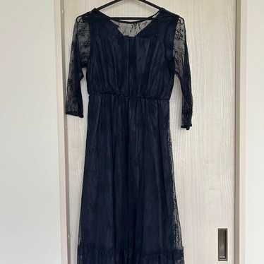 Navy lace long one-piece dress, three-quarter len… - image 1