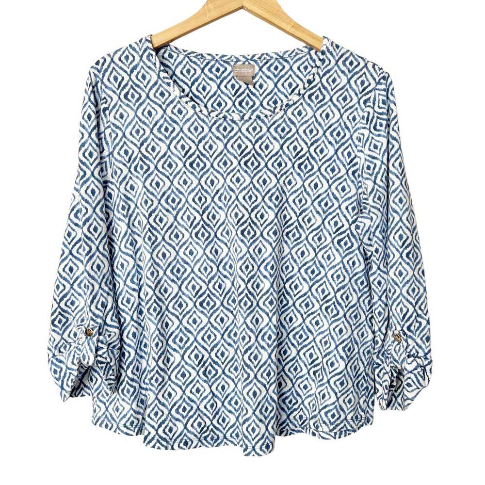 Chicos Chicos Blue White Printed 3/4 Sleeve Shirt… - image 1