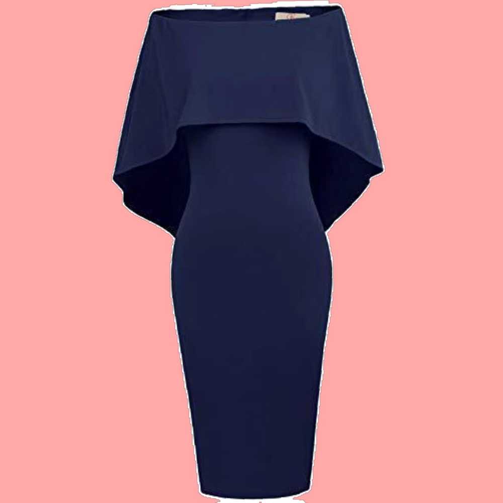 Vintage Dark Blue Chic Cape Sleeved Midi Dress wi… - image 1