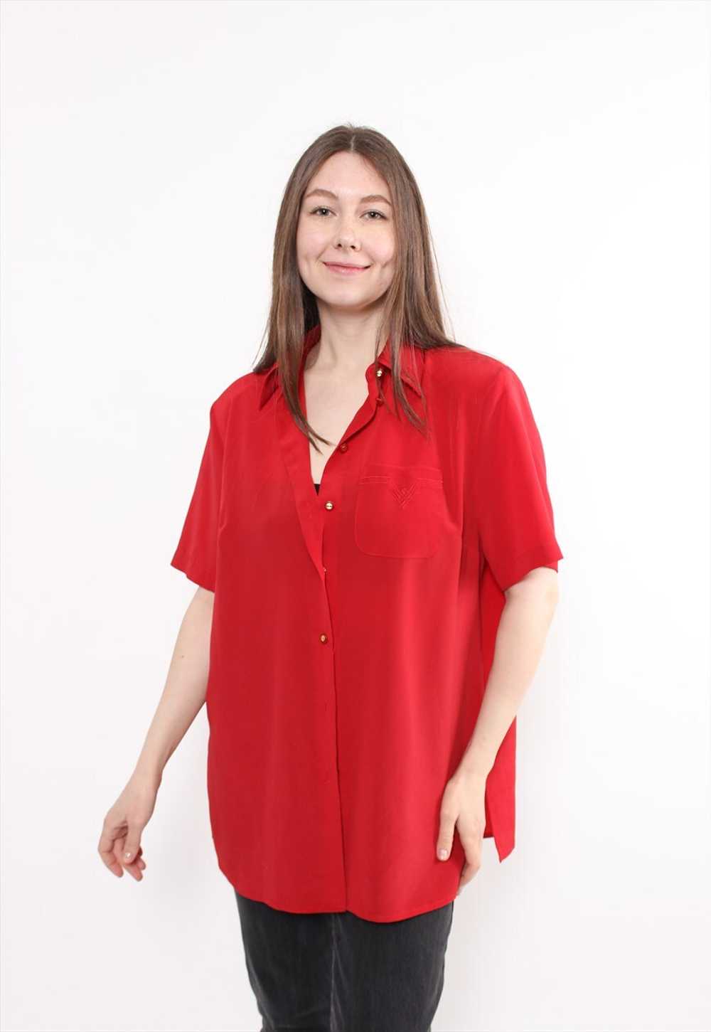 90s red formal blouse, vintage woman short sleeve… - image 1