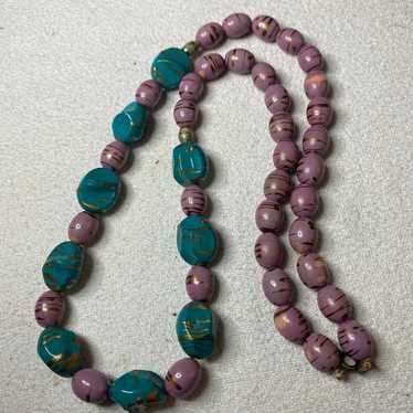 Vintage Turquoise and lavendar Wooden Bead Neckla… - image 1