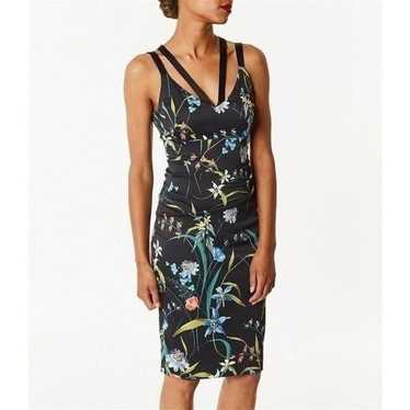 Karen Millen Floral Satin Pencil Dress Black Mult… - image 1