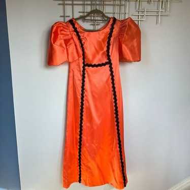 Vintage Structured Poof Sleeve Satin Dress Salmon 