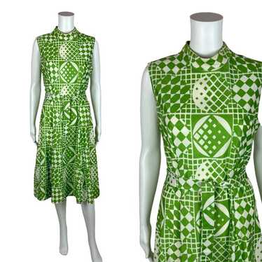 Vintage 70s Mod Dress Women's Medium Green Geomet… - image 1