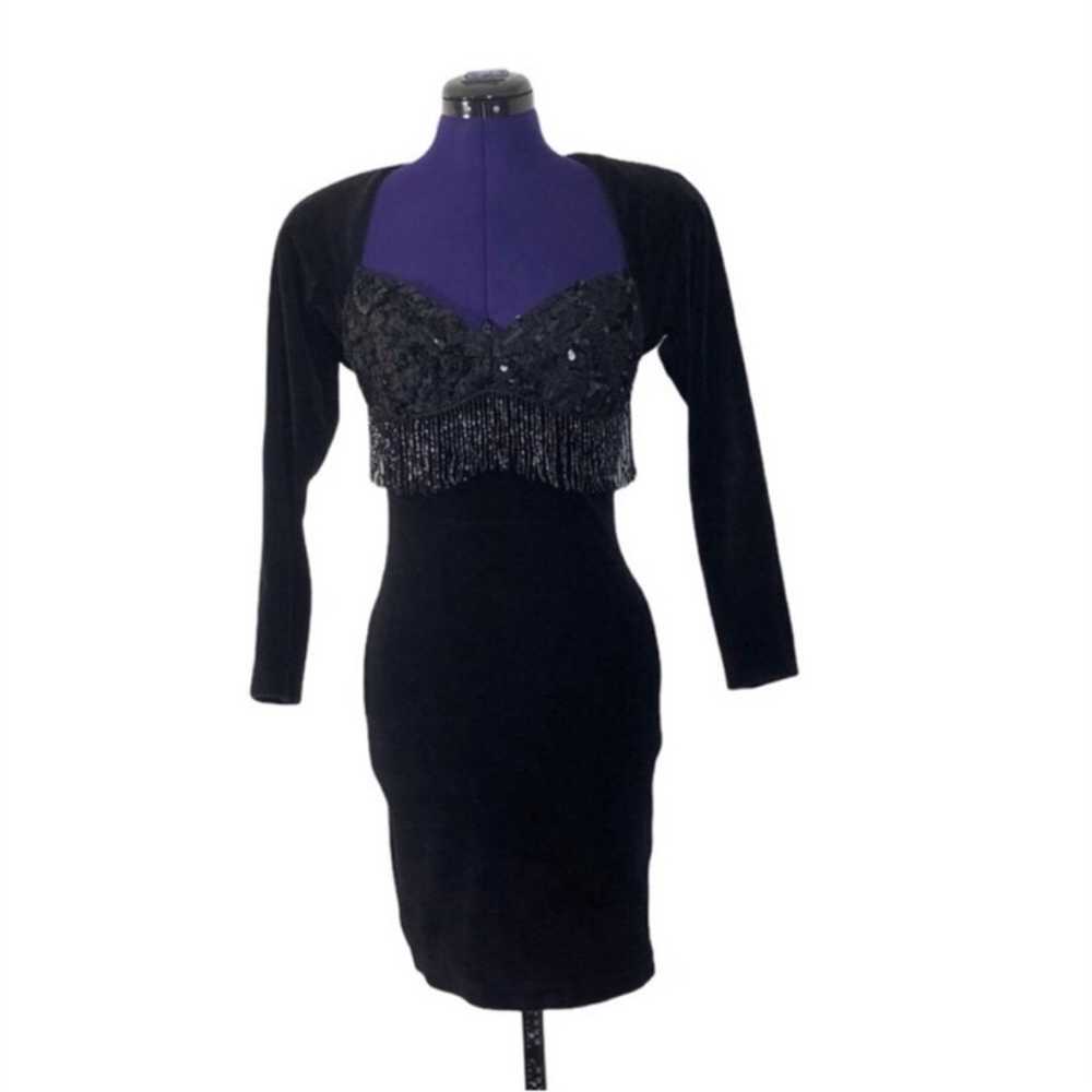 Vintage Black Velvet Lace Sequins Beaded Dress - image 1