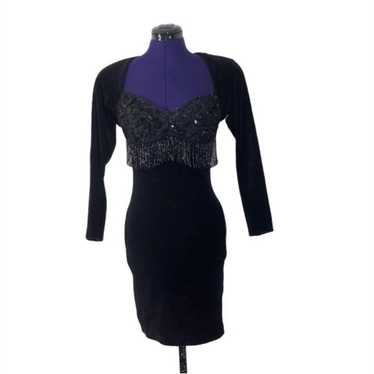 Vintage Black Velvet Lace Sequins Beaded Dress - image 1