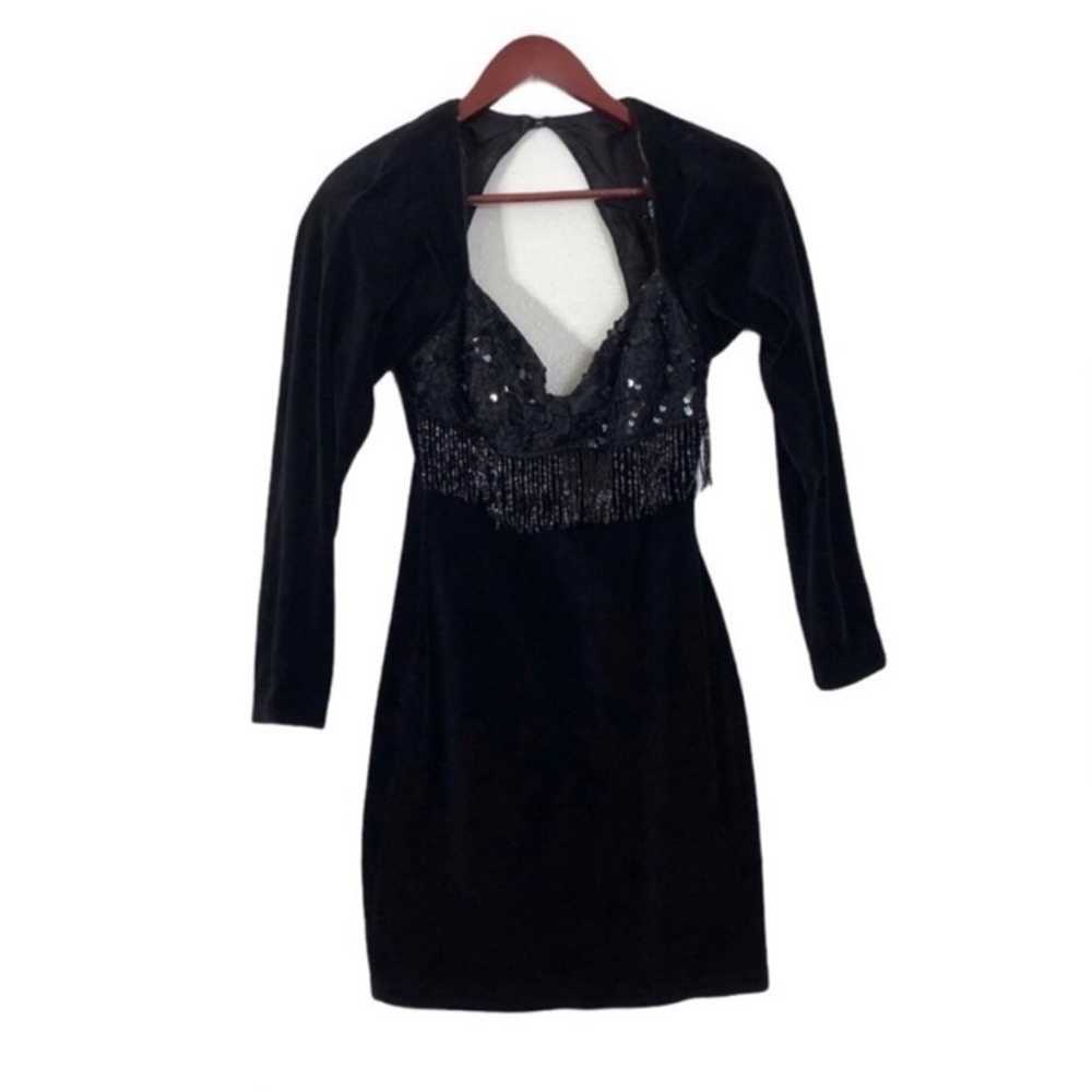 Vintage Black Velvet Lace Sequins Beaded Dress - image 6