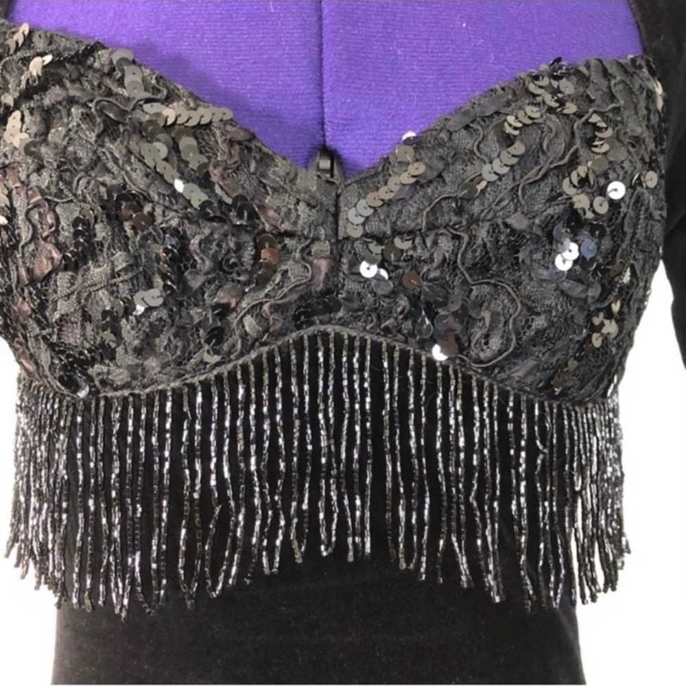 Vintage Black Velvet Lace Sequins Beaded Dress - image 7