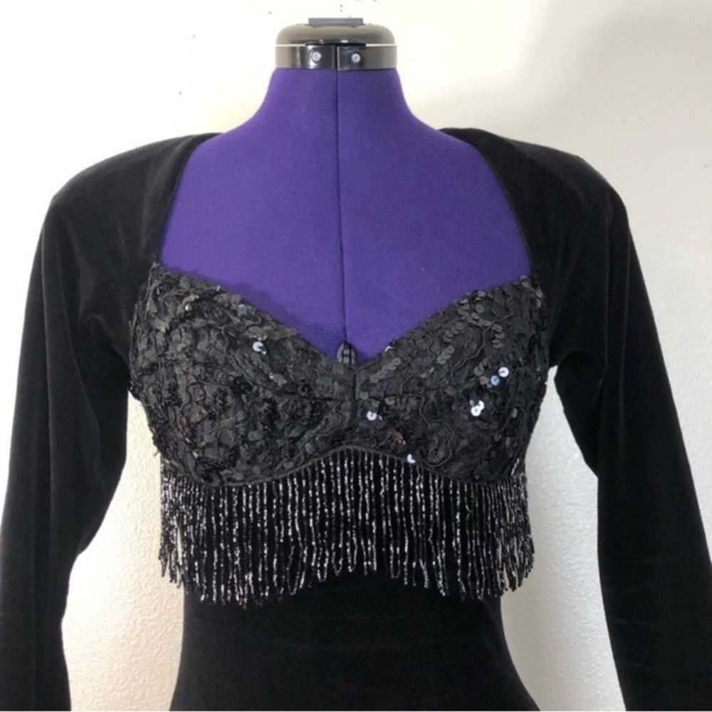 Vintage Black Velvet Lace Sequins Beaded Dress - image 8