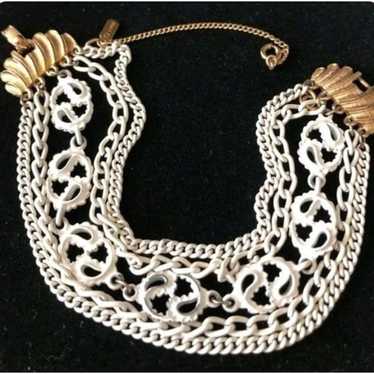 Vintage signed gold white enamel multi chain stra… - image 1