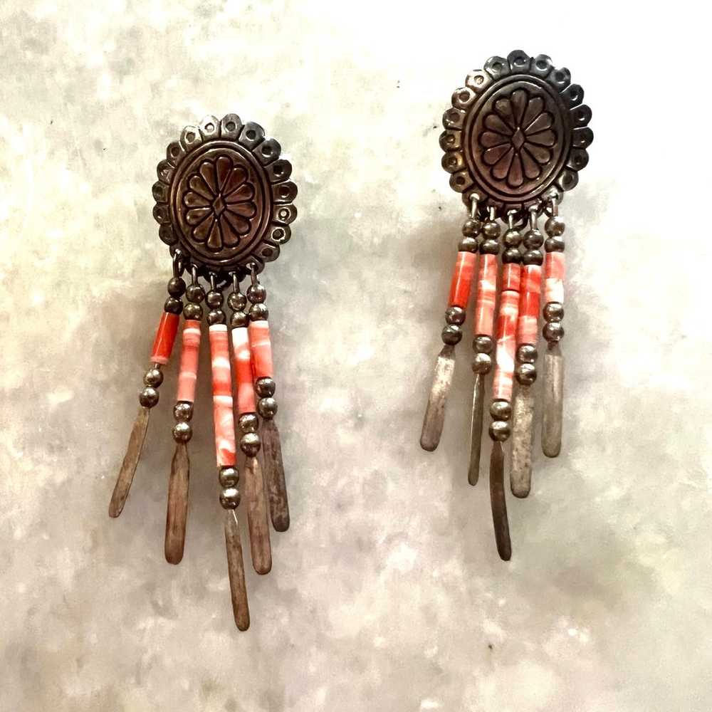 Vintage Concho Sterling Stud Coral Fringe Stud Ea… - image 1