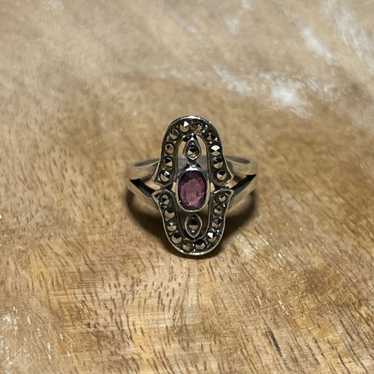 Vintage 925 Silver Amethyst Marcasite Ring 6g top Size 6.5