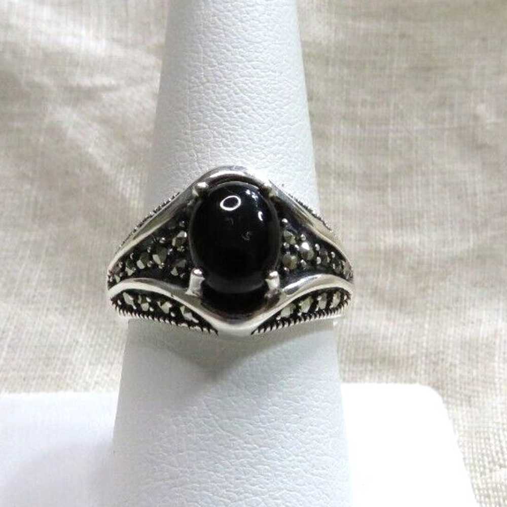 Vintage Sterling Silver Black Onyx Cabochon Marca… - image 1