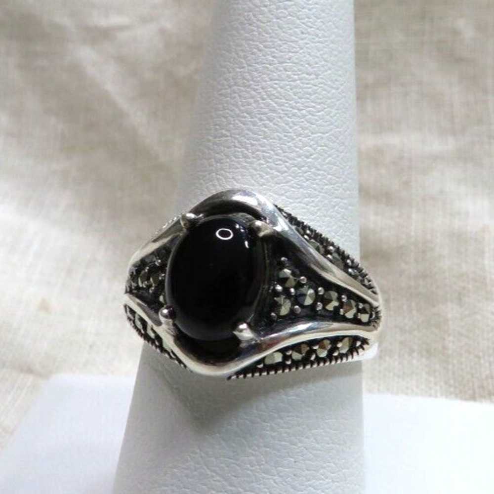 Vintage Sterling Silver Black Onyx Cabochon Marca… - image 2