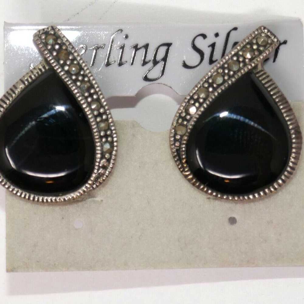 Sterling Silver 925 Black Onyx Marcasite Teardrop… - image 1