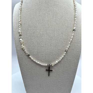 Vintage Sterling Silver Cross Necklace With Rice … - image 1