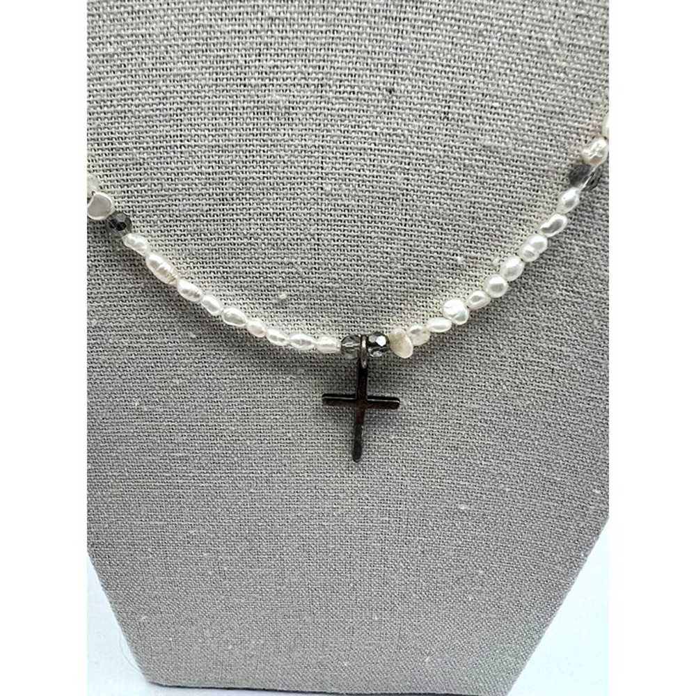 Vintage Sterling Silver Cross Necklace With Rice … - image 3