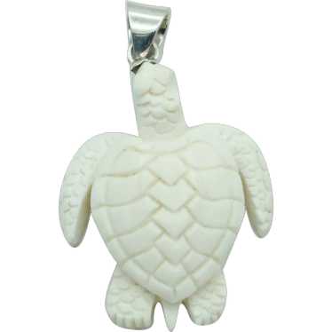 Sterling Silver Carved Bone Sea Turtle Pendant