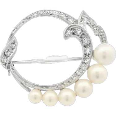 Vintage Cultured Pearl and Diamond Brooch w/ Appra