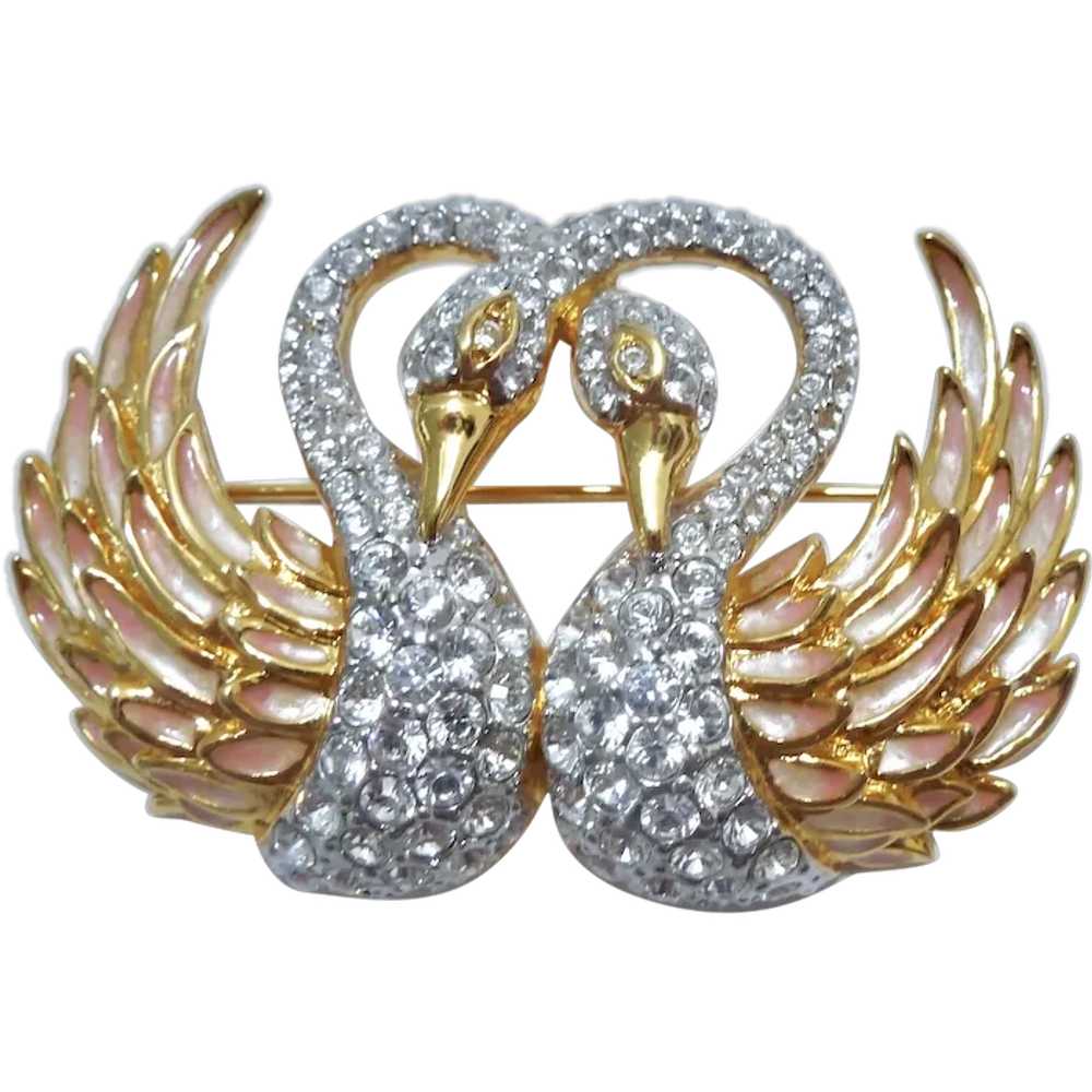 Nolan Miller Double Swan Brooch Gold Tone, Enamel… - image 1