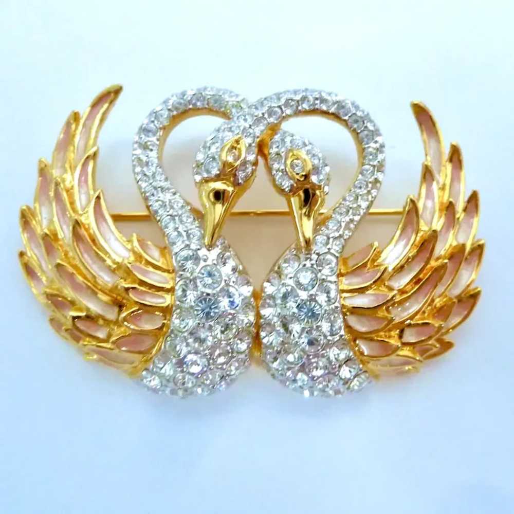 Nolan Miller Double Swan Brooch Gold Tone, Enamel… - image 2