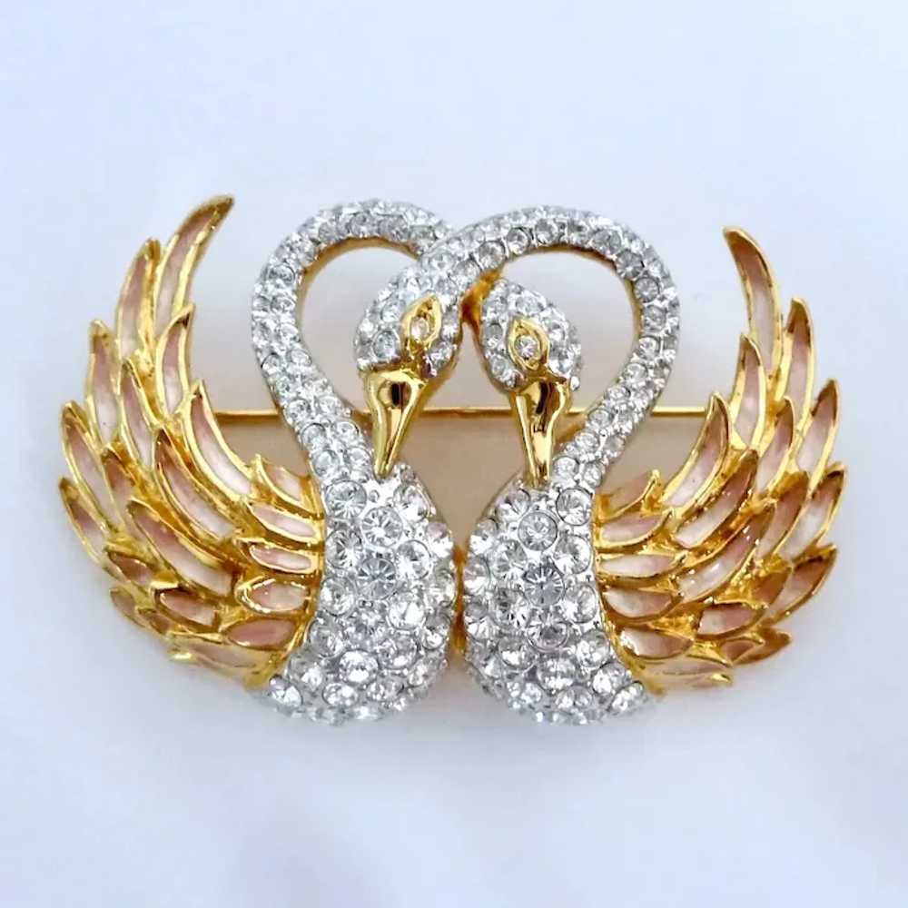 Nolan Miller Double Swan Brooch Gold Tone, Enamel… - image 3