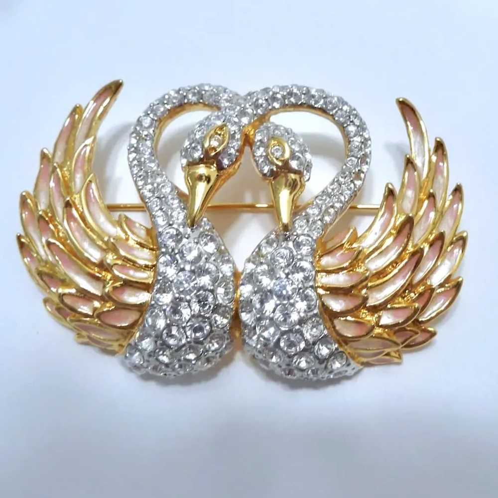 Nolan Miller Double Swan Brooch Gold Tone, Enamel… - image 4