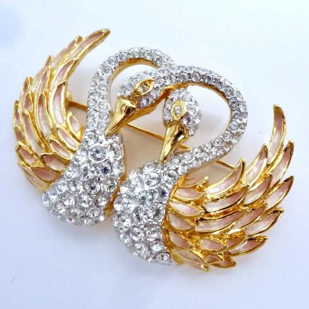 Nolan Miller Double Swan Brooch Gold Tone, Enamel… - image 5