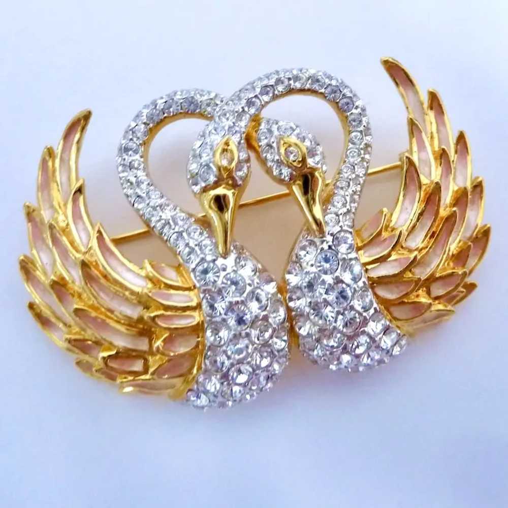 Nolan Miller Double Swan Brooch Gold Tone, Enamel… - image 6