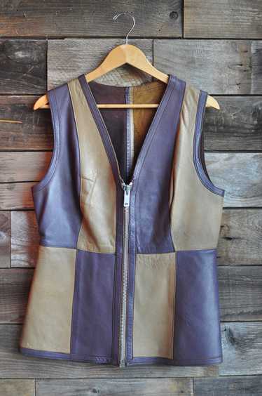 70s Purple + Tan Leather Vest | Femme M/L