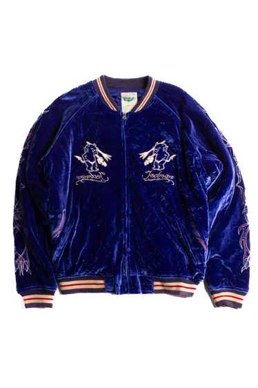 Vintage Blue Velvet Embroidered Bomber Jacket