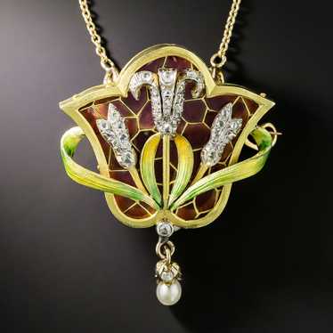 Art Nouveau Plique-a-Jour Diamond Pendant/Brooch