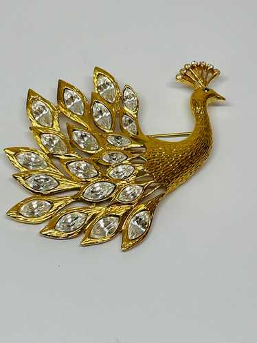 Gold Rhinestone Peacock Brooch