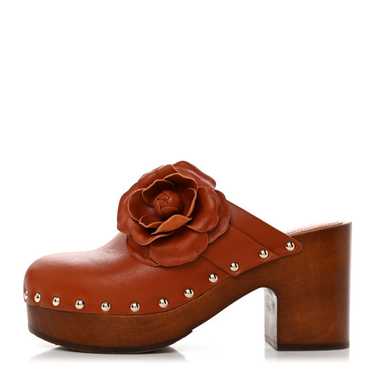 CHANEL Calfskin Camellia Clogs 37 Brown