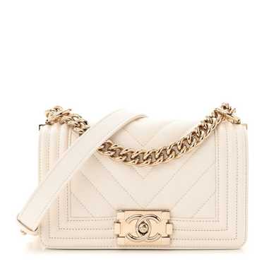 CHANEL Caviar Chevron Quilted Small Boy Flap White