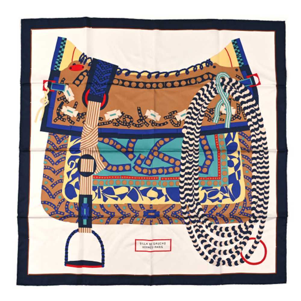 HERMES Silk Silla De Gaucho Scarf 90 Marine White… - image 1