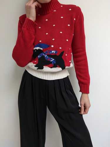 Vintage Winter Dog Embroidered Mock Neck Sweater