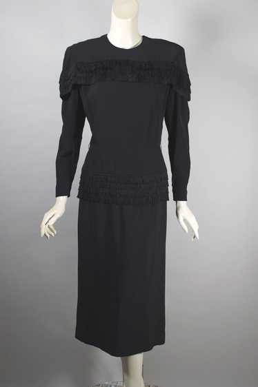 Black crepe late 1940s cocktail dress fringe trim 