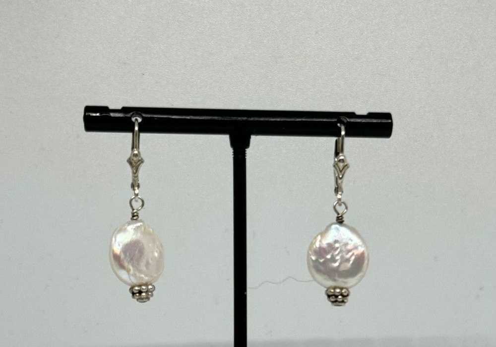 Handmade Pearl Coin and Silver Drop Earrings - image 1