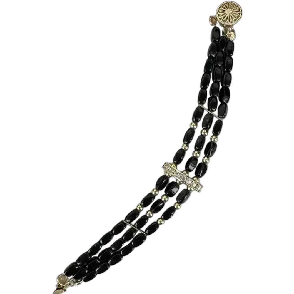 Vintage 14k Gold Filled Jet Black Glass Bead Brac… - image 1