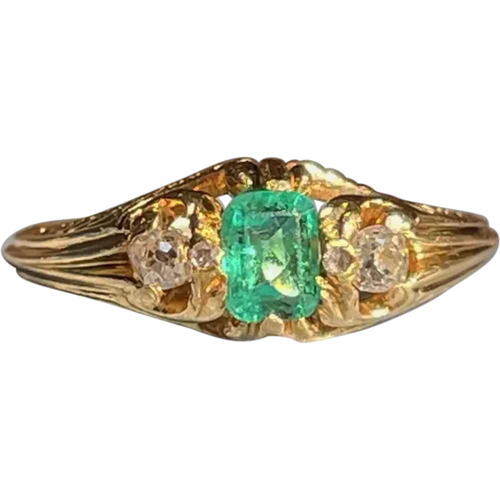 Victorian Emerald and Diamond Ring in 18K Gold, C… - image 1