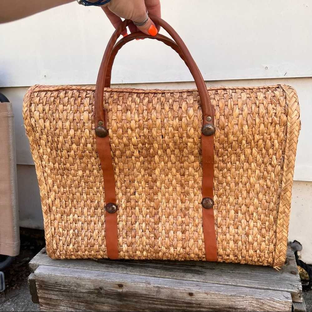 Vintage woven straw boho briefcase bag - image 2