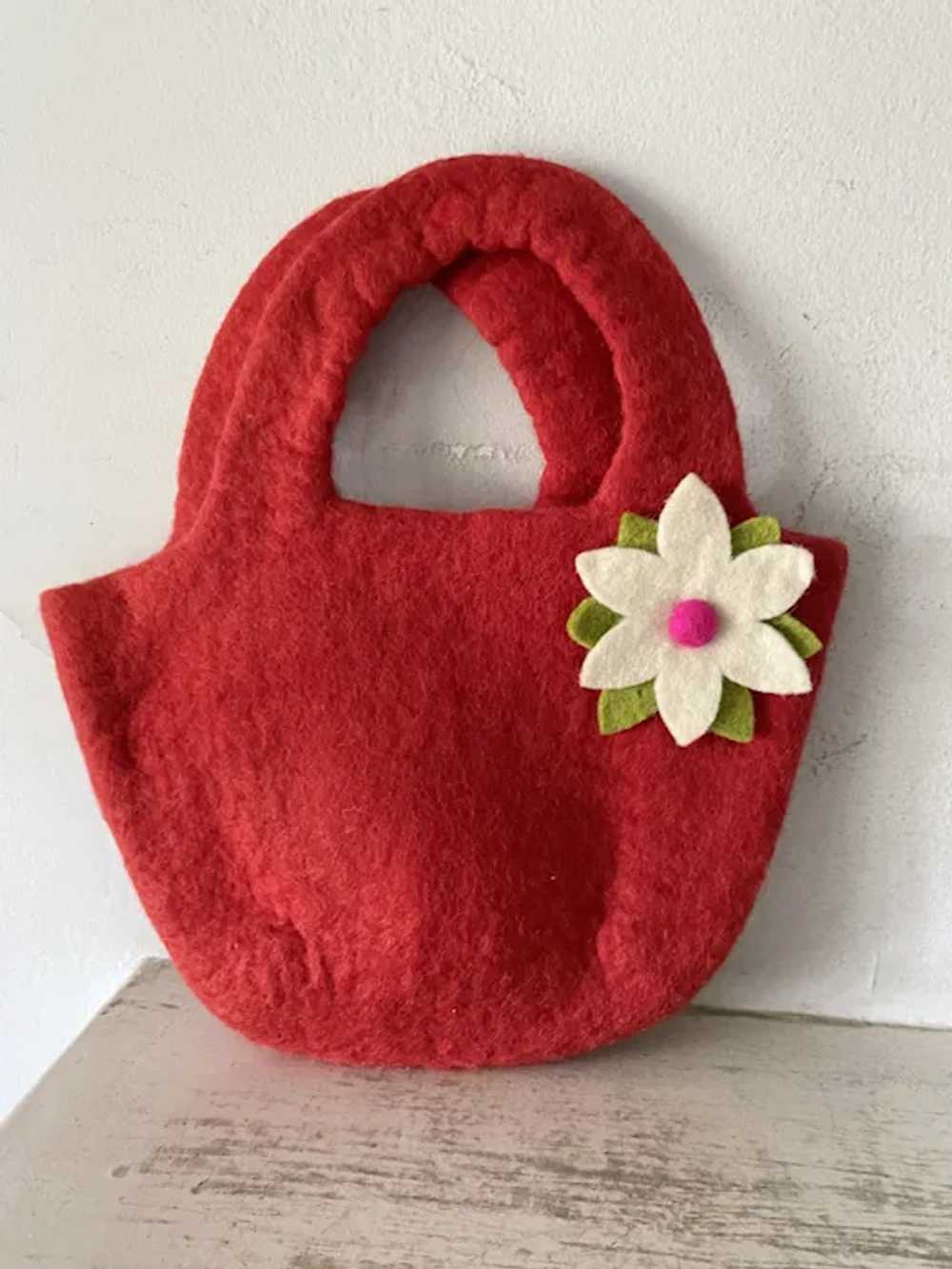 Handmade Wool Felt Purse  Red Green and White Flo… - image 9