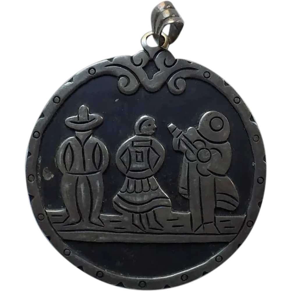 Vintage Mexican Silver Circular Pendant Mariachi … - image 1