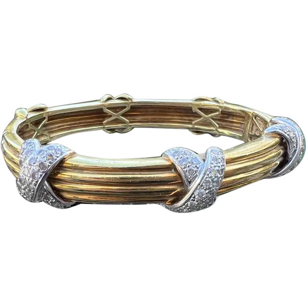 18K Yellow Gold and Diamond "X" Bangle - image 1