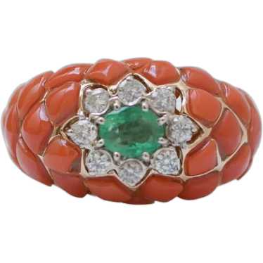 Coral, Emerald, Diamonds, 14 Karat Rose Gold and W